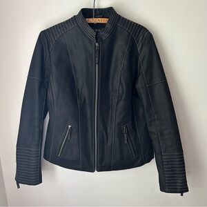 Cruze Black Leather Moto Biker Jacket Tab Collar Zip Up Contrast Stitching Lrg
